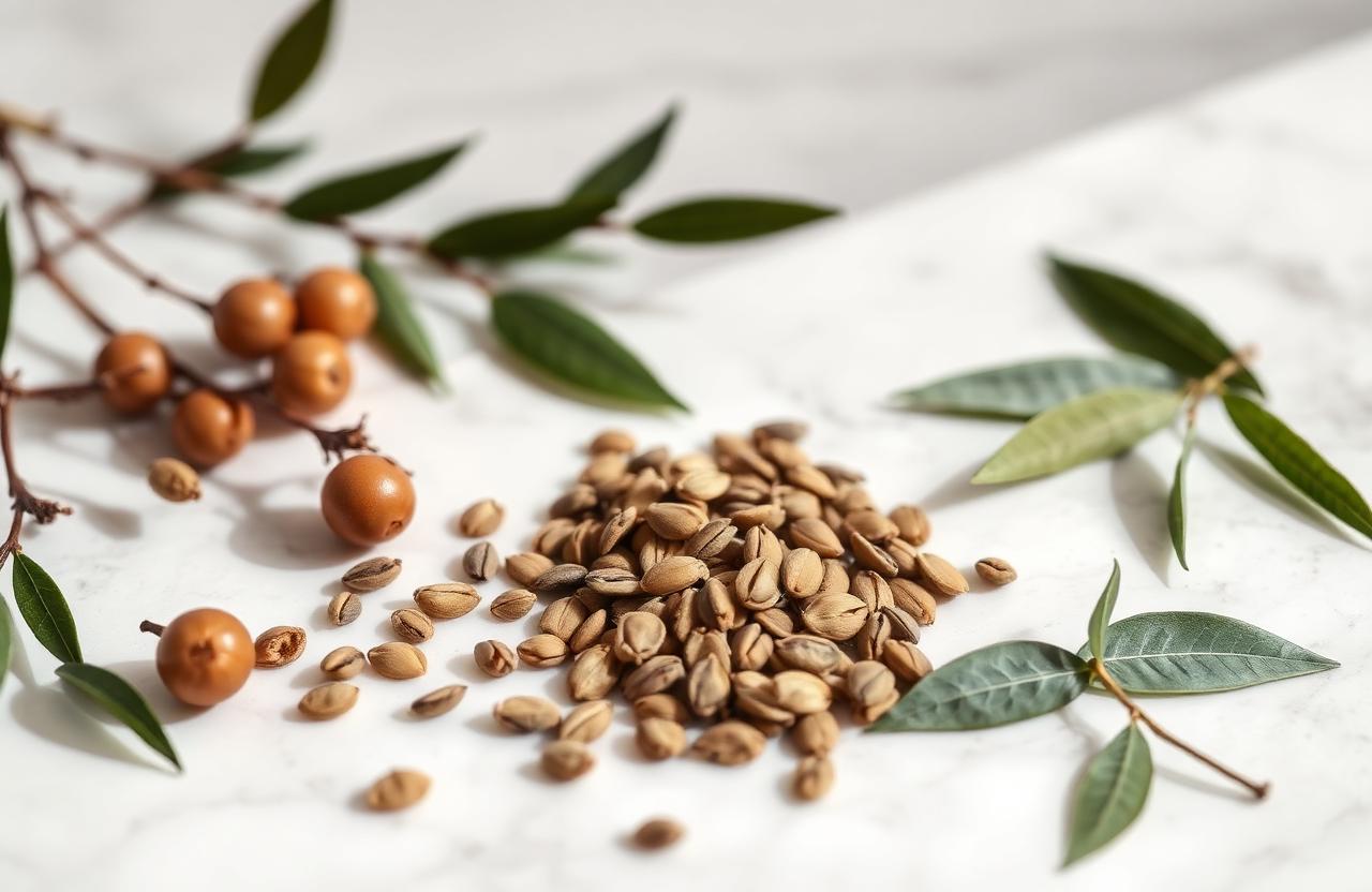 Natural botanical ingredients on a marble surface